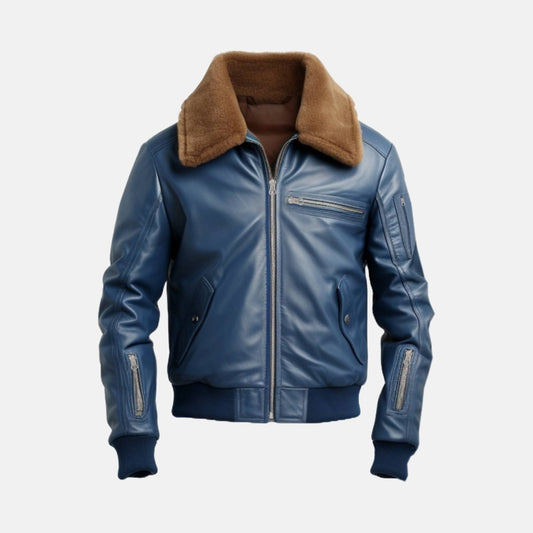 Men's Blue Leather Flight Bomber Jacket with Faux Fur Collar, front view