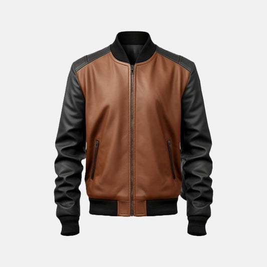Men's Brown and Black Two-Tone Leather Bomber Jacket with Zip Pockets, front view