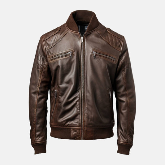 Men's Dark Brown Leather Bomber Jacket with Zip Chest Pockets, front view