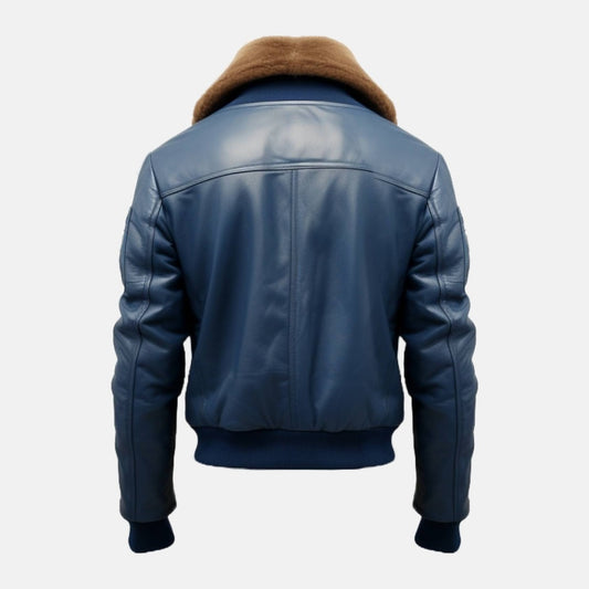 Men's Blue Leather Flight Bomber Jacket with Faux Fur Collar, back view