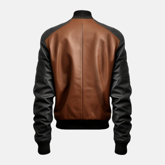 Men's Brown and Black Two-Tone Leather Bomber Jacket with Zip Pockets, back view