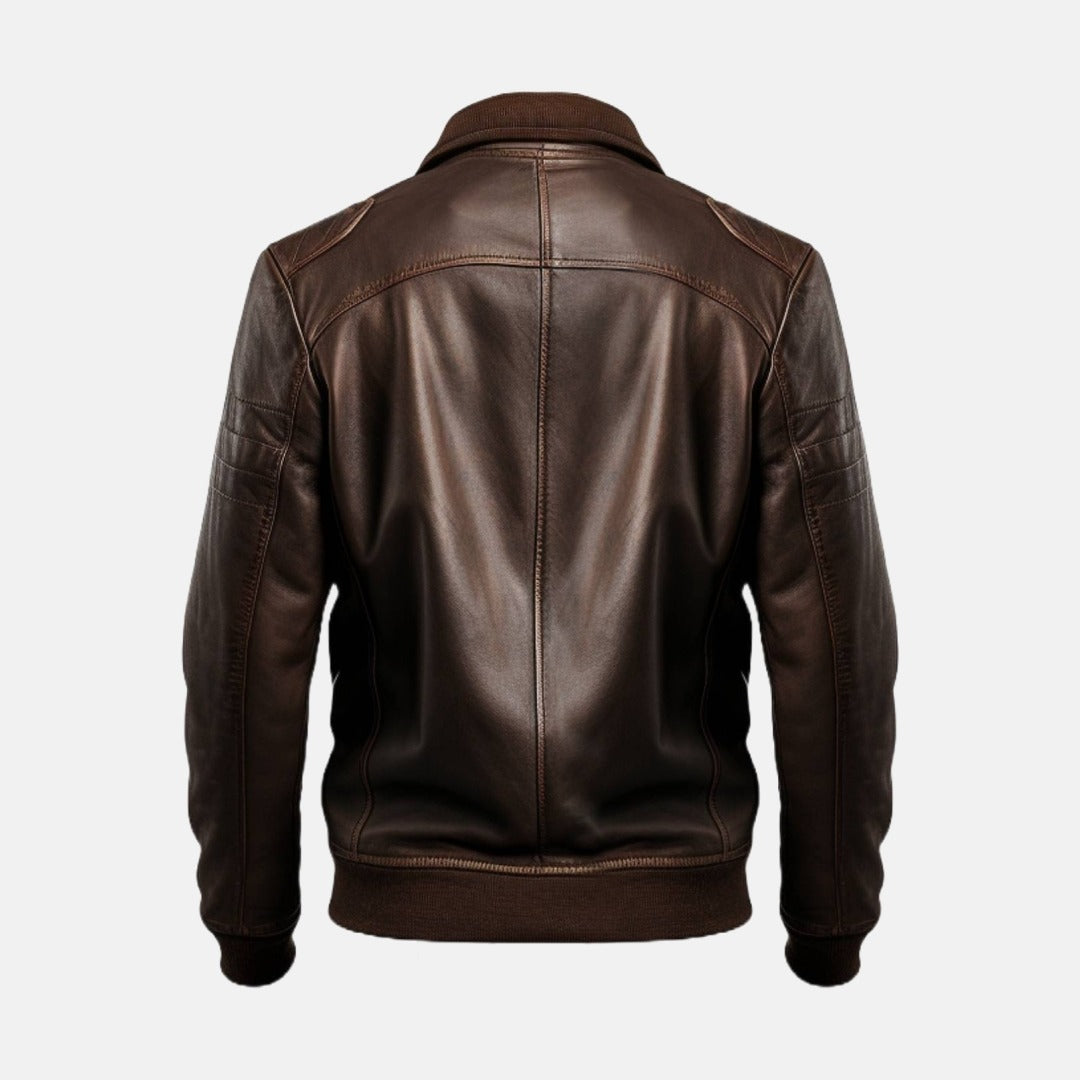 Men's Dark Brown Leather Bomber Jacket with Zip Chest Pockets, back view