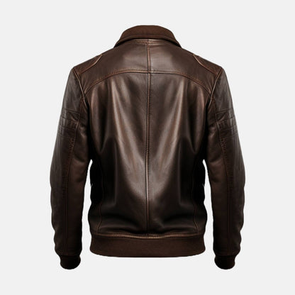 Men's Dark Brown Leather Bomber Jacket with Zip Chest Pockets, back view