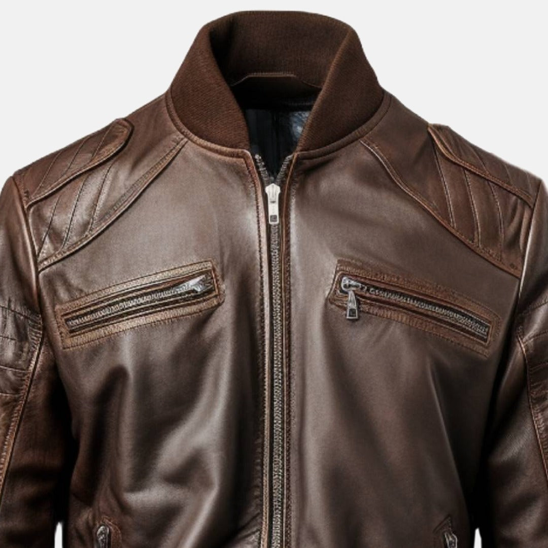 Men's Dark Brown Leather Bomber Jacket with Zip Chest Pockets, close-up of collar and zip