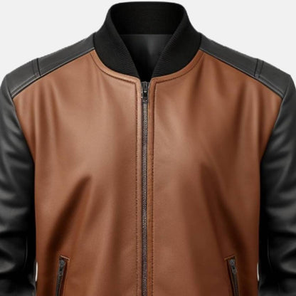 Men's Brown and Black Two-Tone Leather Bomber Jacket with Zip Pockets, close-up of collar and zip