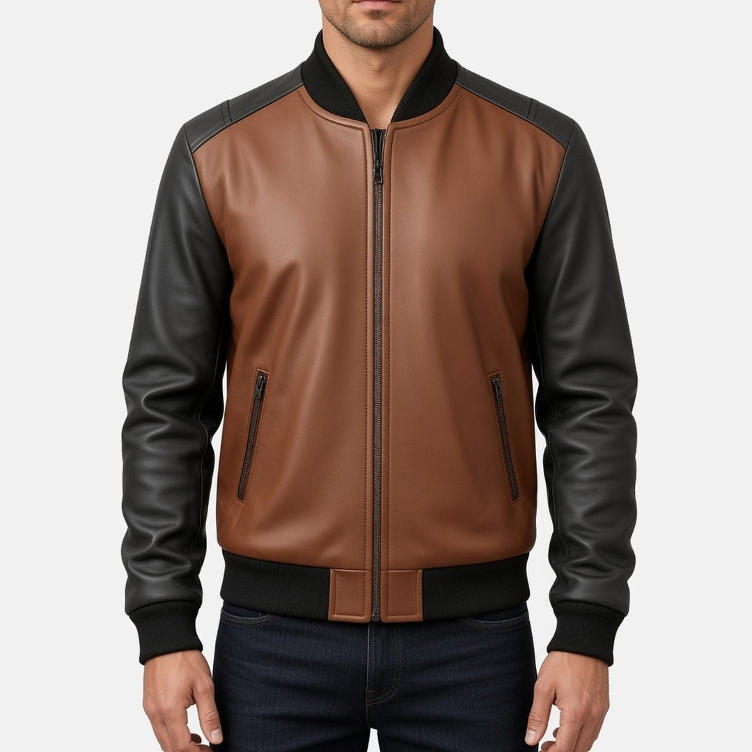 Men's Brown and Black Two-Tone Leather Bomber Jacket with Zip Pockets, front view on model