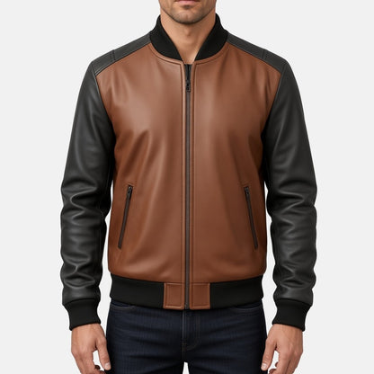 Men's Brown and Black Two-Tone Leather Bomber Jacket with Zip Pockets, front view on model