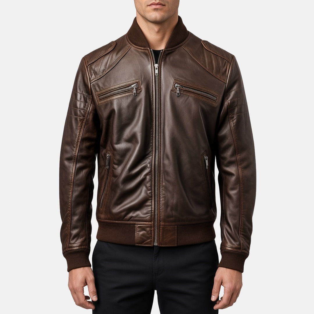 Men's Dark Brown Leather Bomber Jacket with Zip Chest Pockets, front view on model