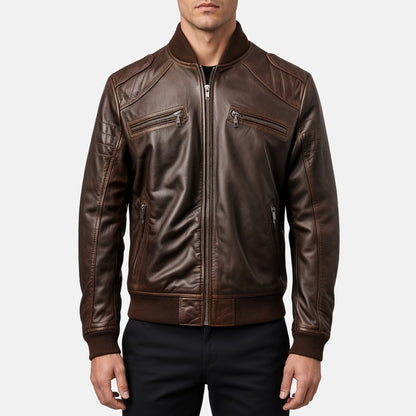 Men's Dark Brown Leather Bomber Jacket with Zip Chest Pockets, front view on model
