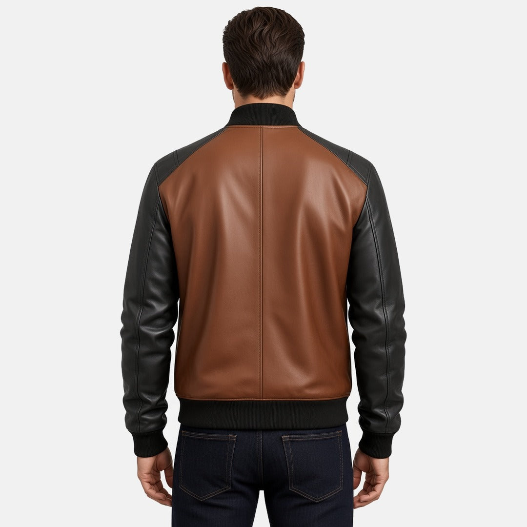 Men's Brown and Black Two-Tone Leather Bomber Jacket with Zip Pockets, back view on model
