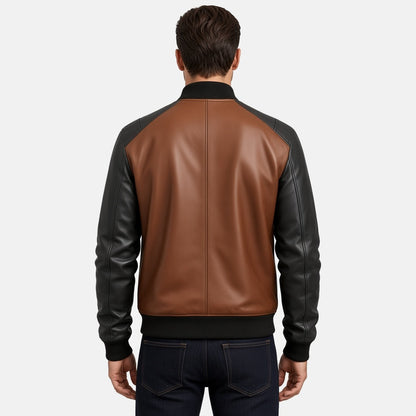 Men's Brown and Black Two-Tone Leather Bomber Jacket with Zip Pockets, back view on model