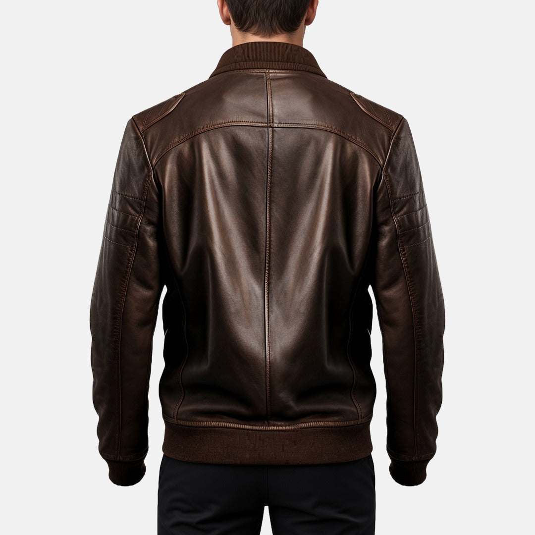 Men's Dark Brown Leather Bomber Jacket with Zip Chest Pockets, back view on model