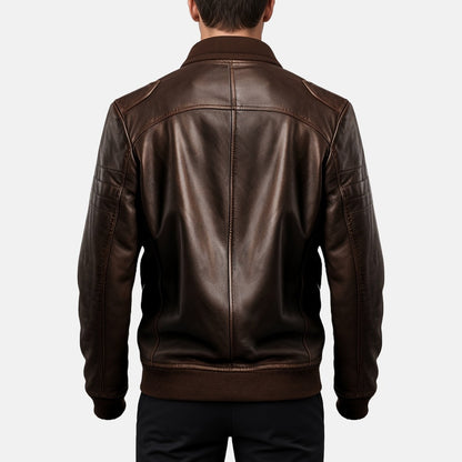 Men's Dark Brown Leather Bomber Jacket with Zip Chest Pockets, back view on model