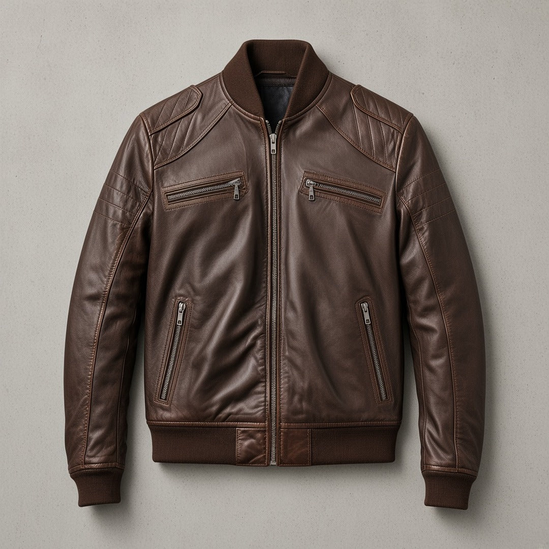 Men's Dark Brown Leather Bomber Jacket with Zip Chest Pockets, flat lay