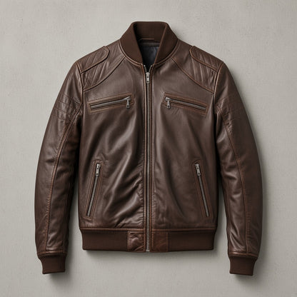 Men's Dark Brown Leather Bomber Jacket with Zip Chest Pockets, flat lay