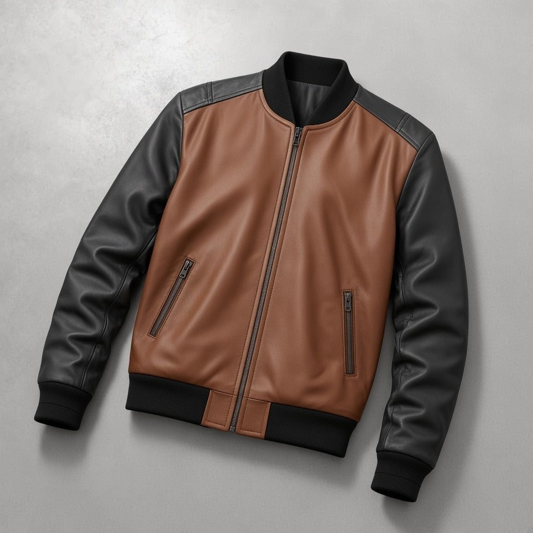 Men's Brown and Black Two-Tone Leather Bomber Jacket with Zip Pockets, flat lay