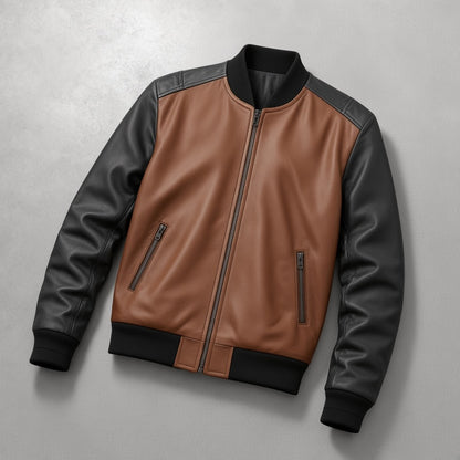 Men's Brown and Black Two-Tone Leather Bomber Jacket with Zip Pockets, flat lay