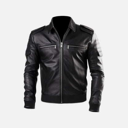 Men's Black Leather Biker Jacket with Zip Chest Pockets, front view