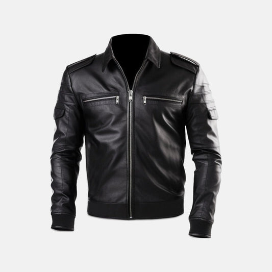 Men's Black Leather Biker Jacket with Zip Chest Pockets, front view