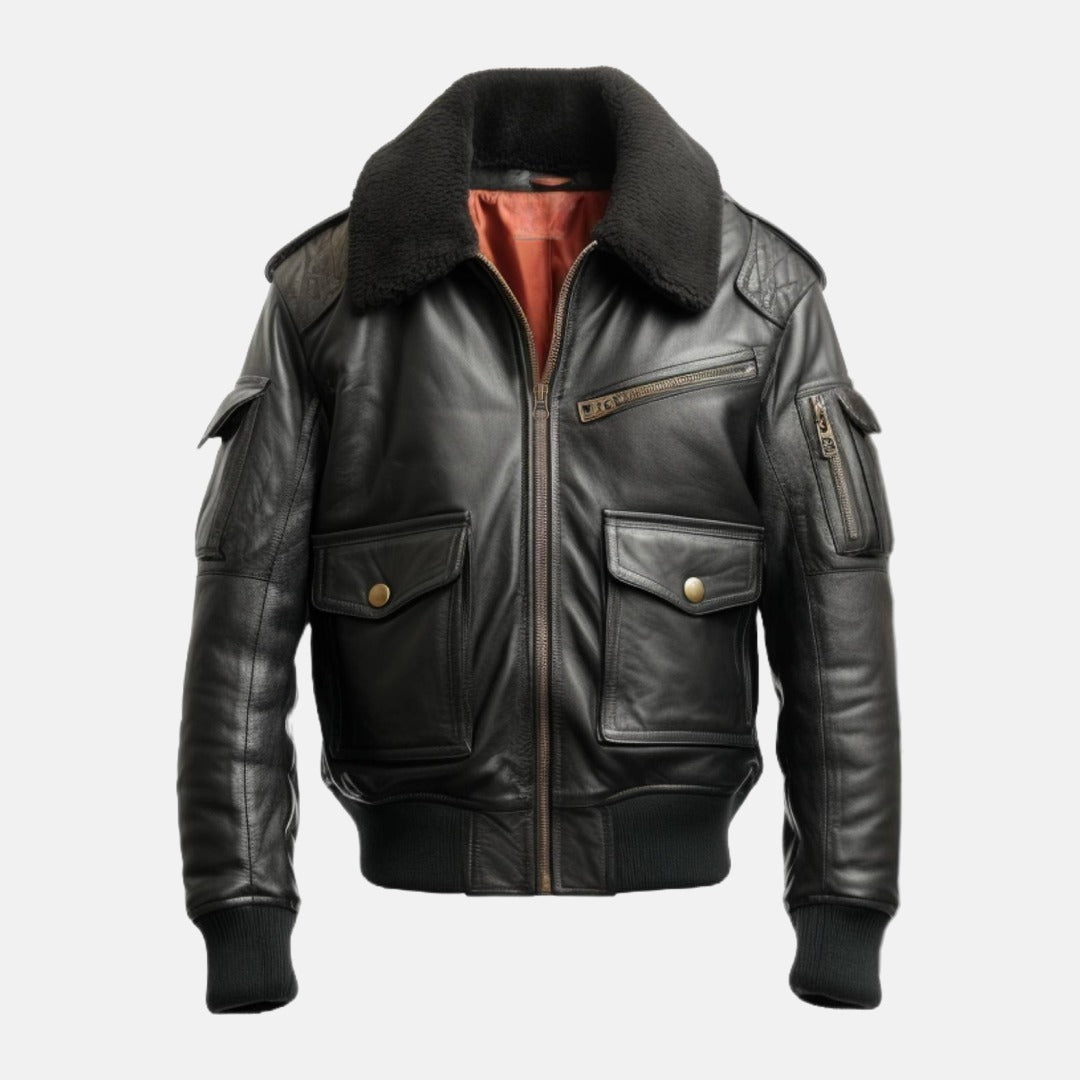 Men's Black Leather B3-Style Bomber Jacket with Faux Fur Collar, front view