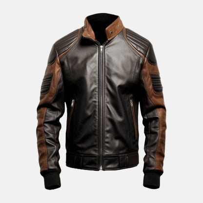 Men's Black and Brown Leather Bomber Jacket with Padded Shoulders, front view