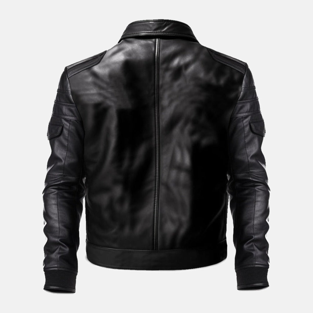 Men's Black Leather Biker Jacket with Zip Chest Pockets, back view