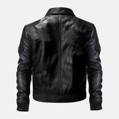 Men's Black Leather Biker Jacket with Zip Chest Pockets, back view