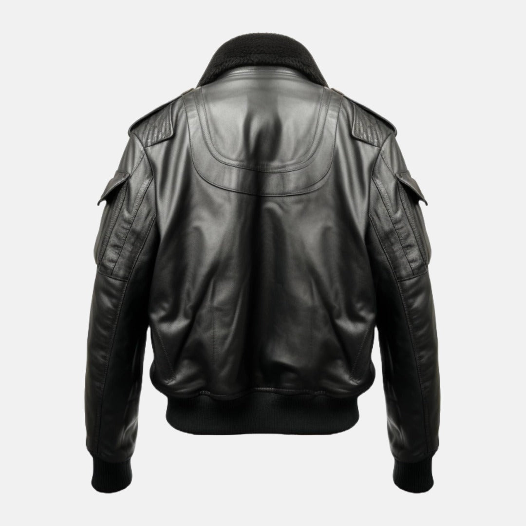 Men's Black Leather B3-Style Bomber Jacket with Faux Fur Collar, back view