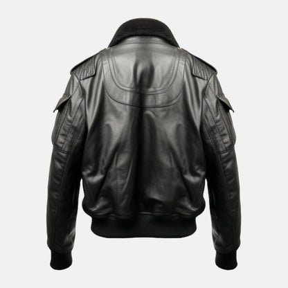 Men's Black Leather B3-Style Bomber Jacket with Faux Fur Collar, back view