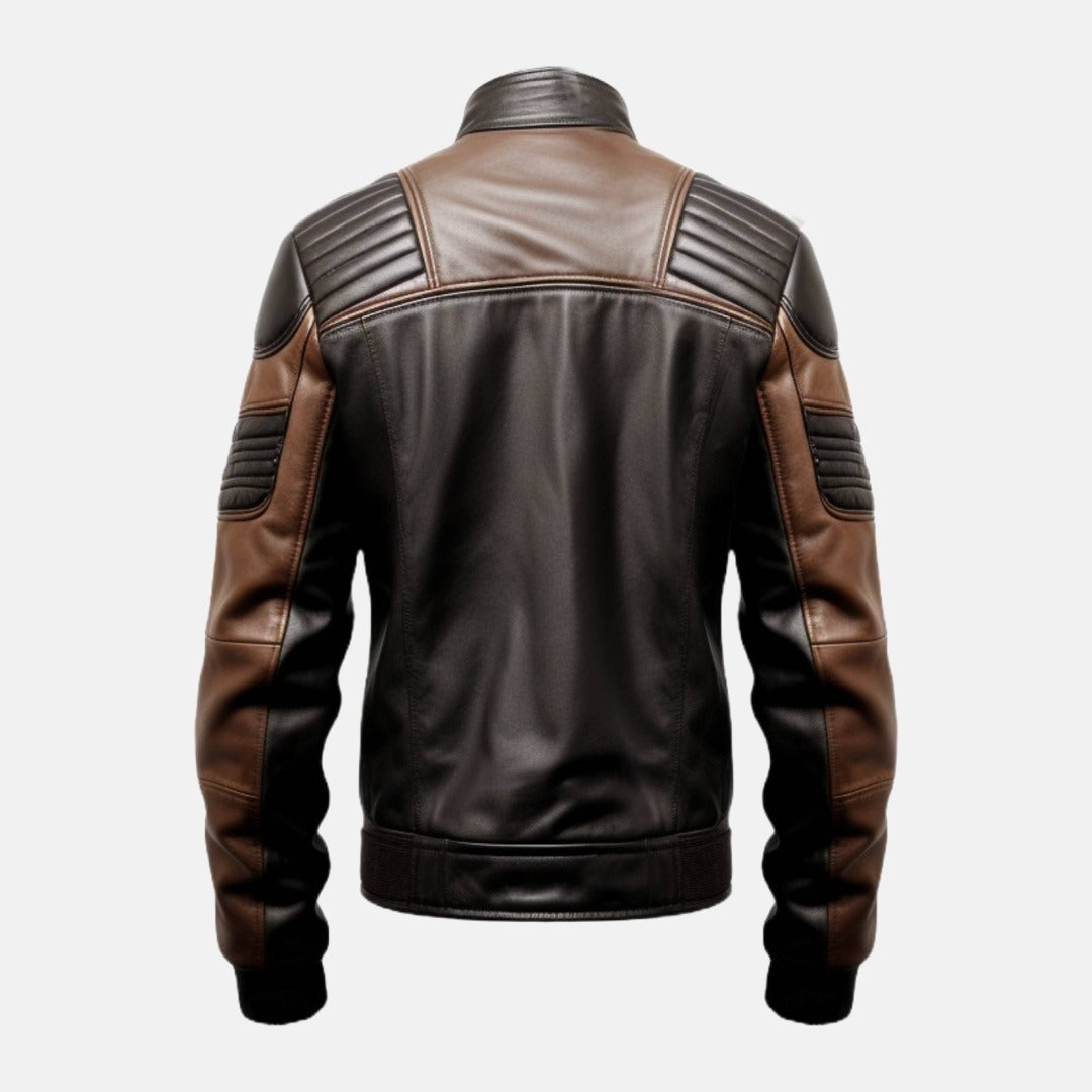 Men's Black and Brown Leather Bomber Jacket with Padded Shoulders, back view