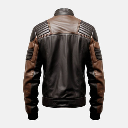 Men's Black and Brown Leather Bomber Jacket with Padded Shoulders, back view