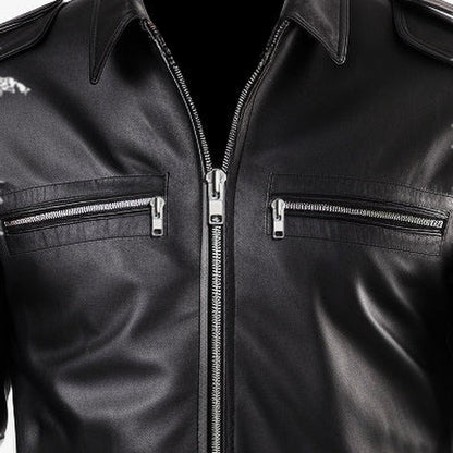 Men's Black Leather Biker Jacket with Zip Chest Pockets, close-up of collar and zip
