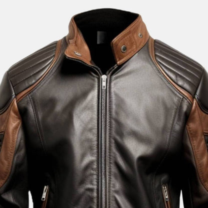 Men's Black and Brown Leather Bomber Jacket with Padded Shoulders, close-up of collar and zip
