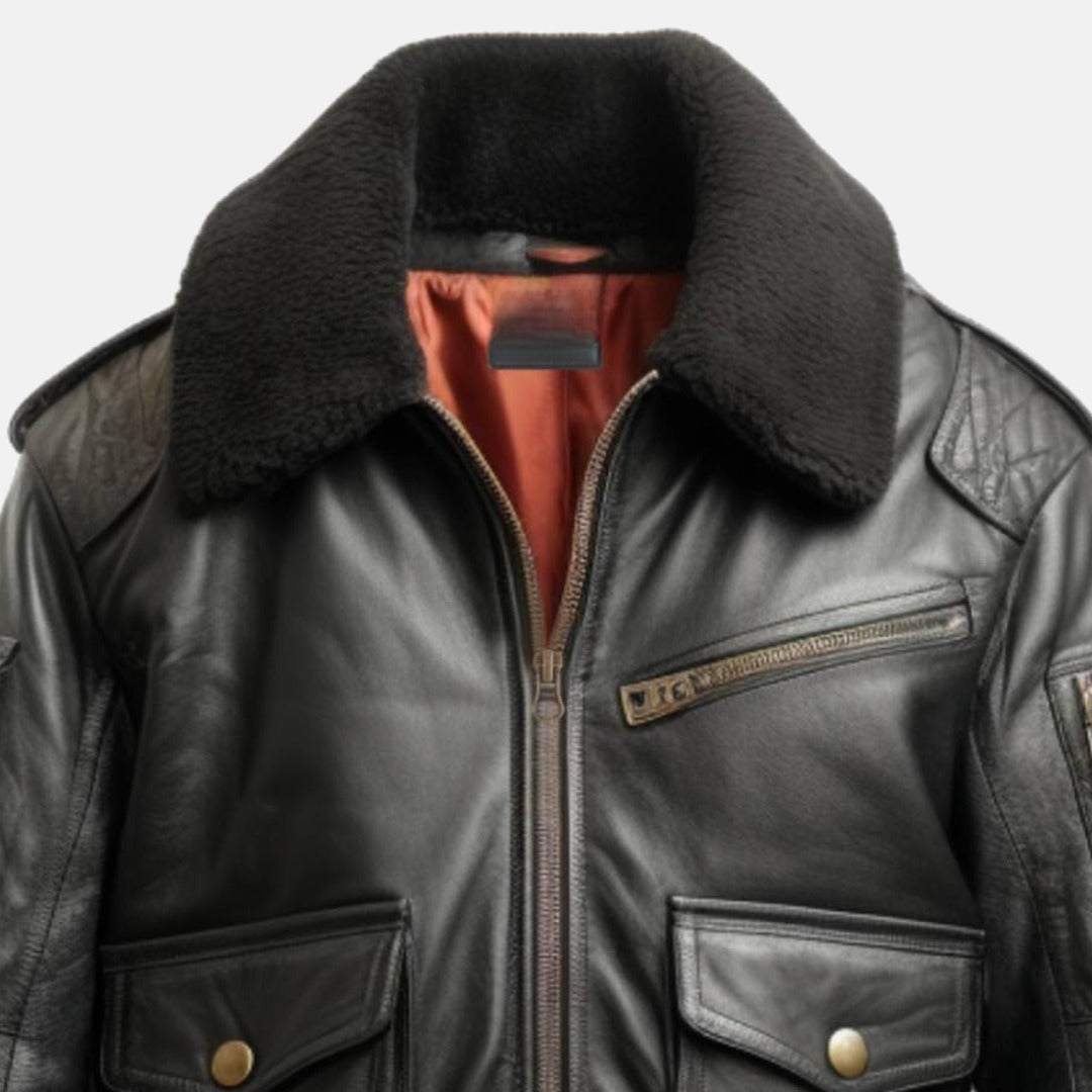 Men's Black Leather B3-Style Bomber Jacket with Faux Fur Collar, close-up of collar and zip