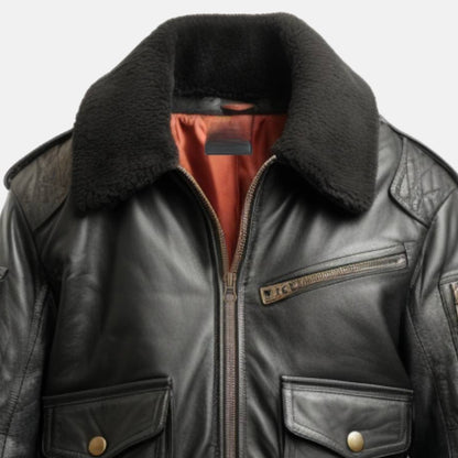Men's Black Leather B3-Style Bomber Jacket with Faux Fur Collar, close-up of collar and zip