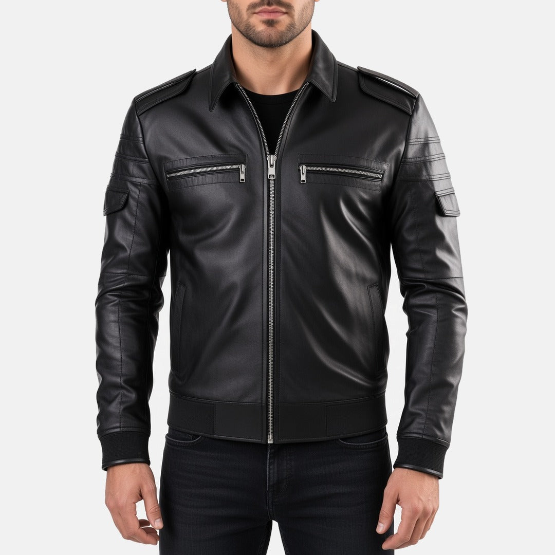 Men's Black Leather Biker Jacket with Zip Chest Pockets, front view on model