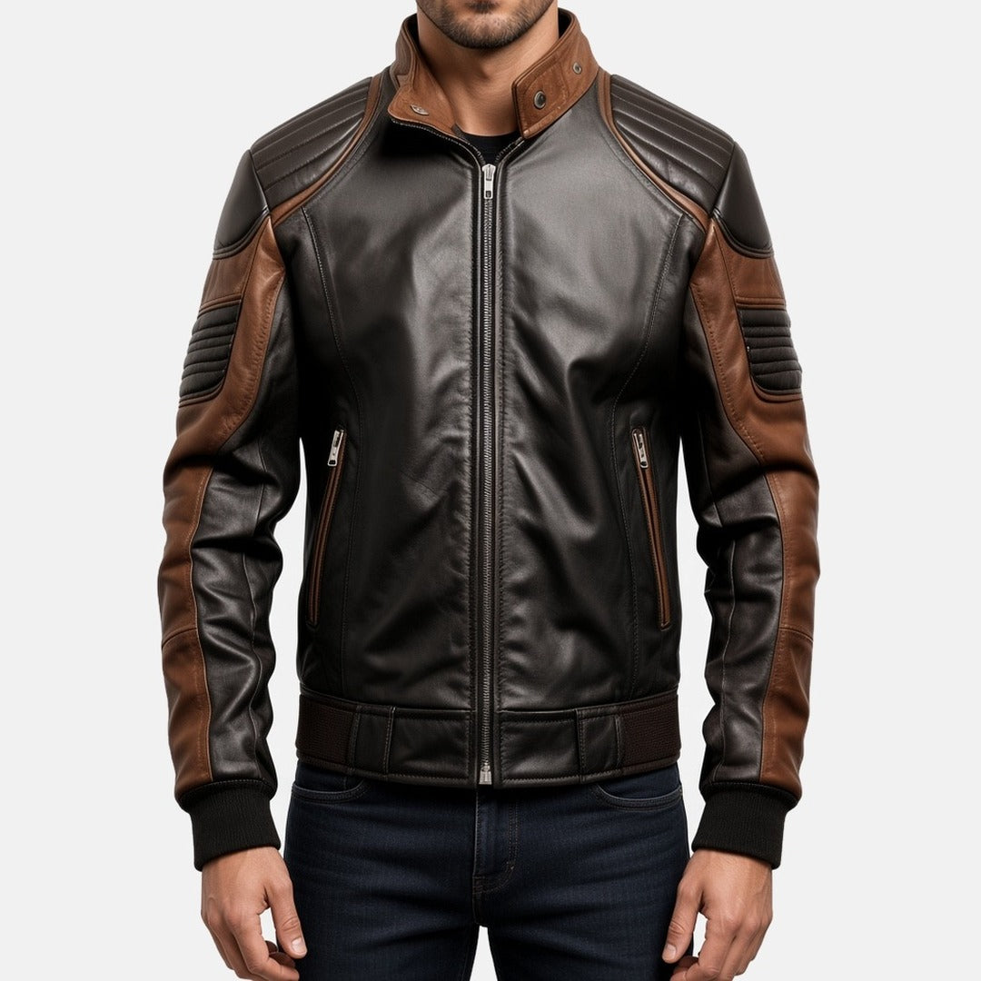 Men's Black and Brown Leather Bomber Jacket with Padded Shoulders, front view on model