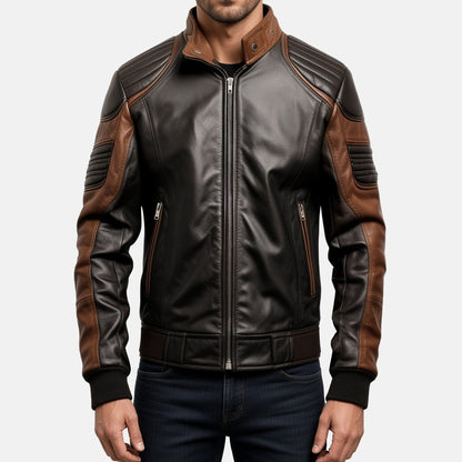 Men's Black and Brown Leather Bomber Jacket with Padded Shoulders, front view on model