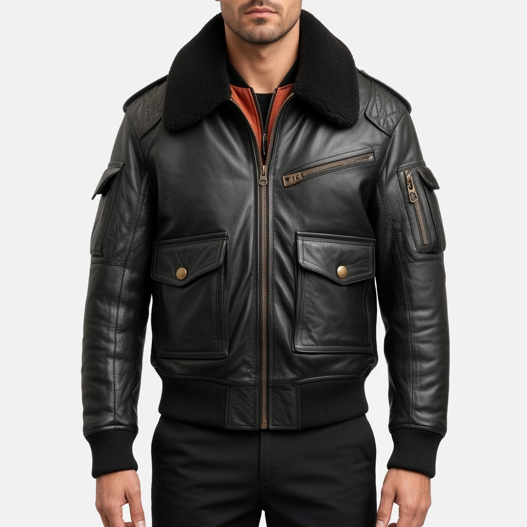 Men's Black Leather B3-Style Bomber Jacket with Faux Fur Collar, front view on model