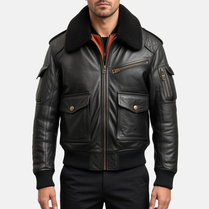 Men's Black Leather B3-Style Bomber Jacket with Faux Fur Collar, front view on model