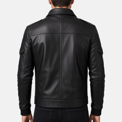 Men's Black Leather Biker Jacket with Zip Chest Pockets, back view on model