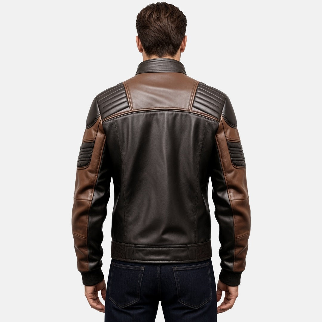 Men's Black and Brown Leather Bomber Jacket with Padded Shoulders, back view on model