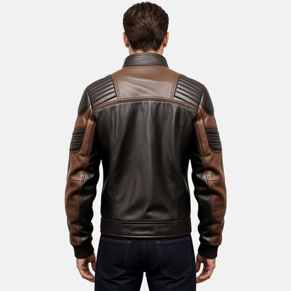 Men's Black and Brown Leather Bomber Jacket with Padded Shoulders, back view on model