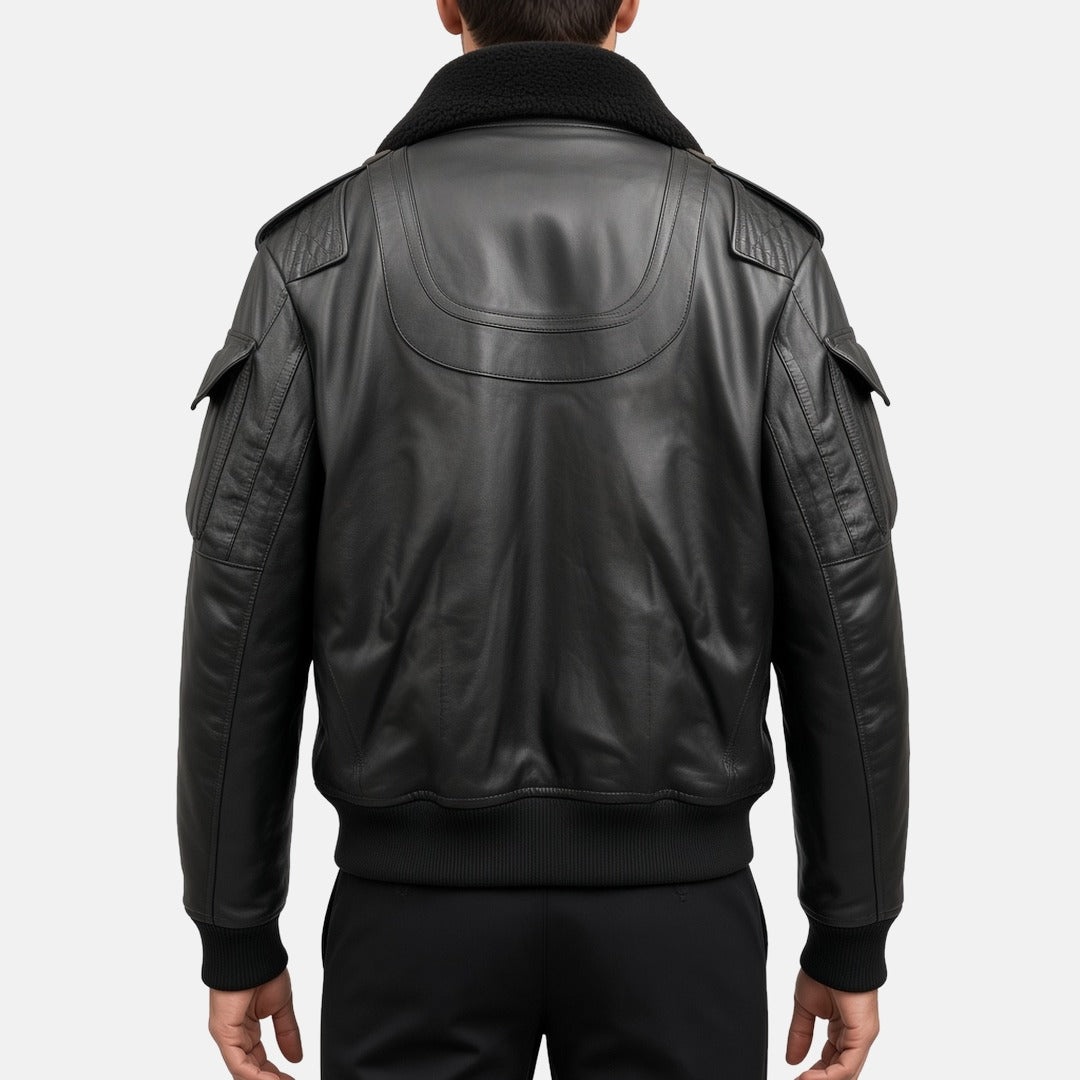 Men's Black Leather B3-Style Bomber Jacket with Faux Fur Collar, back view on model