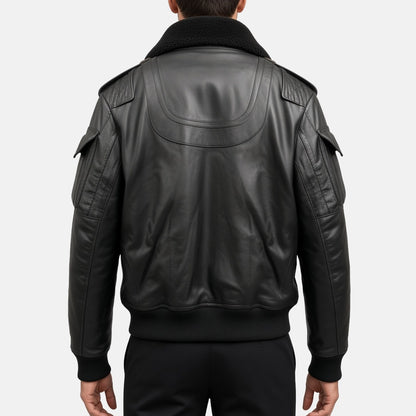 Men's Black Leather B3-Style Bomber Jacket with Faux Fur Collar, back view on model