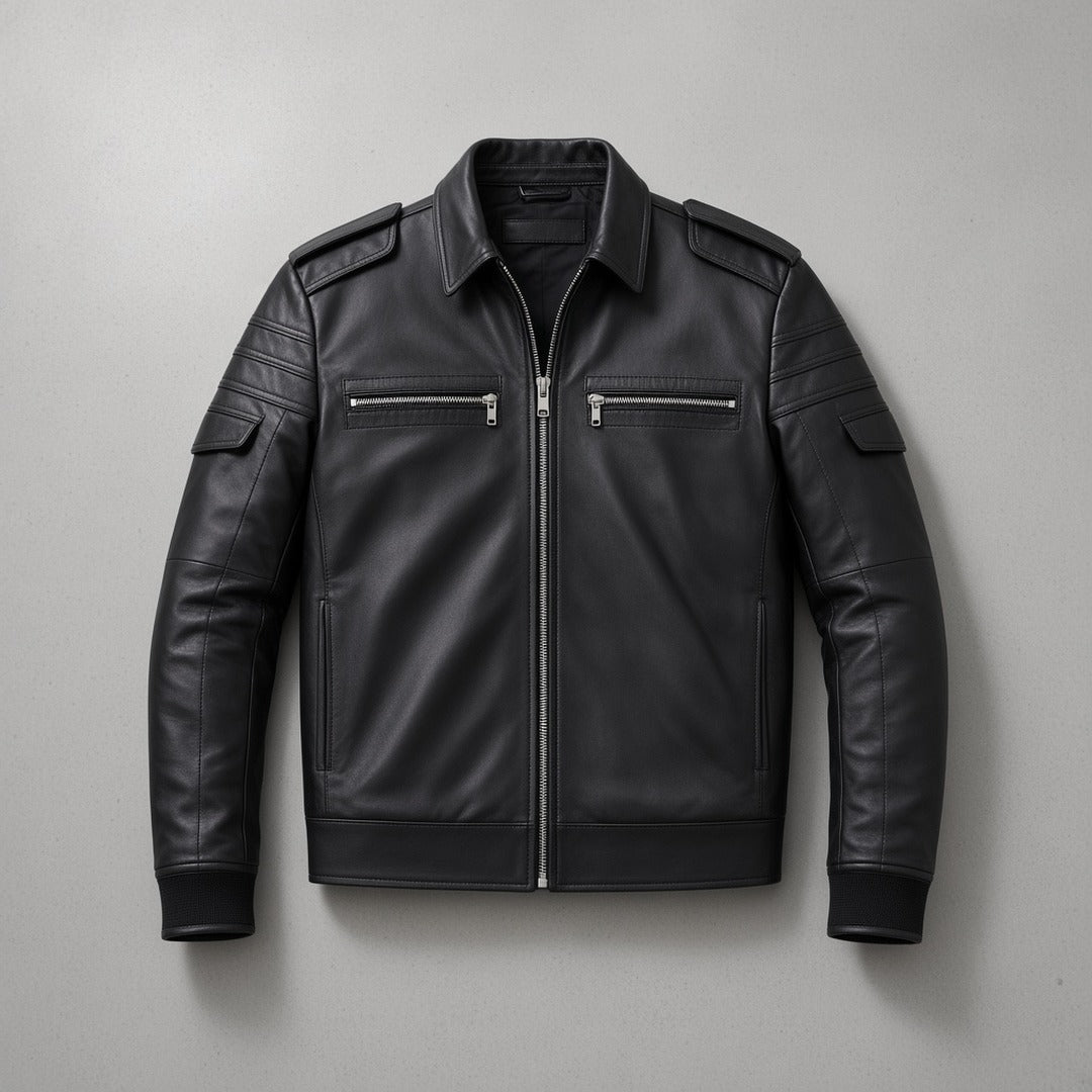 Men's Black Leather Biker Jacket with Zip Chest Pockets, flat lay