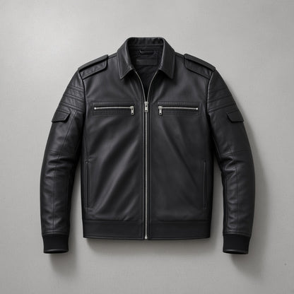 Men's Black Leather Biker Jacket with Zip Chest Pockets, flat lay