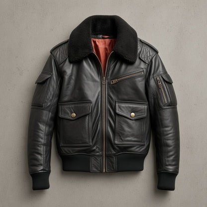 Men's Black Leather B3-Style Bomber Jacket with Faux Fur Collar, flat lay
