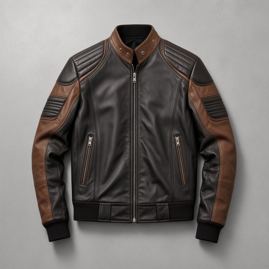 Men's Black and Brown Leather Bomber Jacket with Padded Shoulders, flat lay