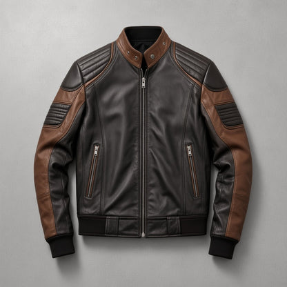 Men's Black and Brown Leather Bomber Jacket with Padded Shoulders, flat lay